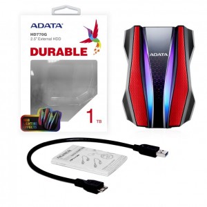HDD EXTERNE  ADATA Durable Series HD770G RGB 1 To Red External USB 3.1 Portable Hard Drive Compatible with Xbox and PS4